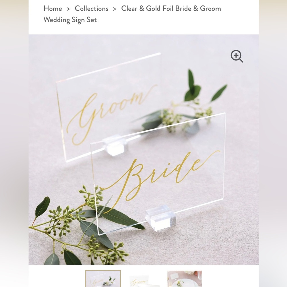 Sign: Clear & Gold Foil Bride & Groom Wedding Sign Set with base